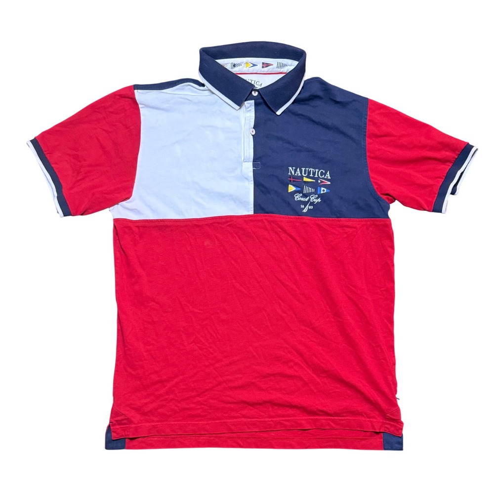 Nautica Coast Cup Sailing Polo Shirt Mens XL Red White Blue Colorblock 1983